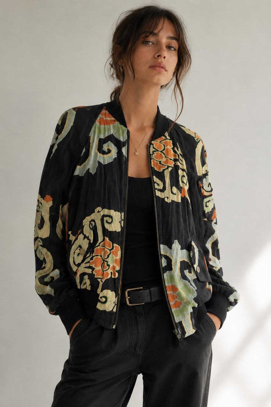 Vintage Y2K Fornarina 100% Silk Abstract Print Bomber Jacket Made in Italy Sz M